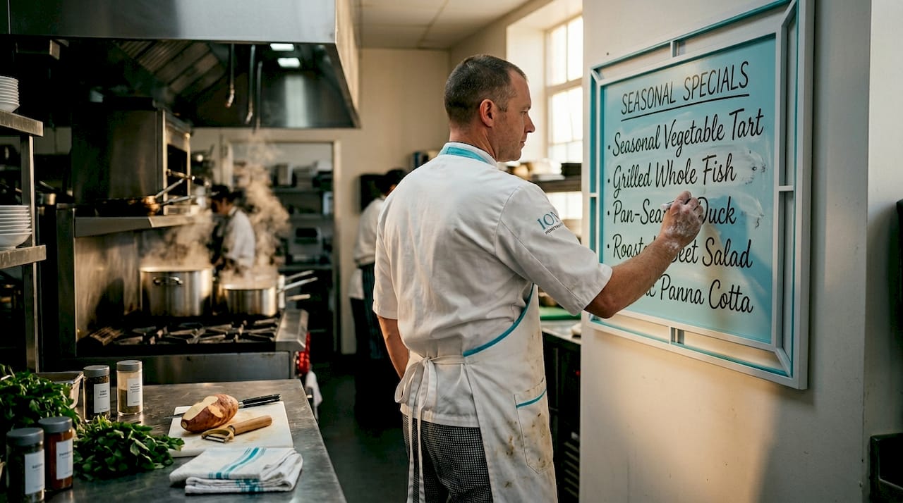 Chef updating seasonal menu board in kitchen