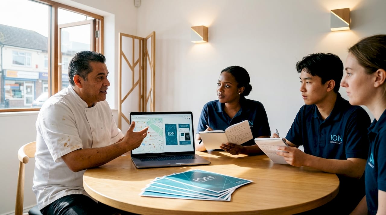 Restaurant team discussing local campaign tactics