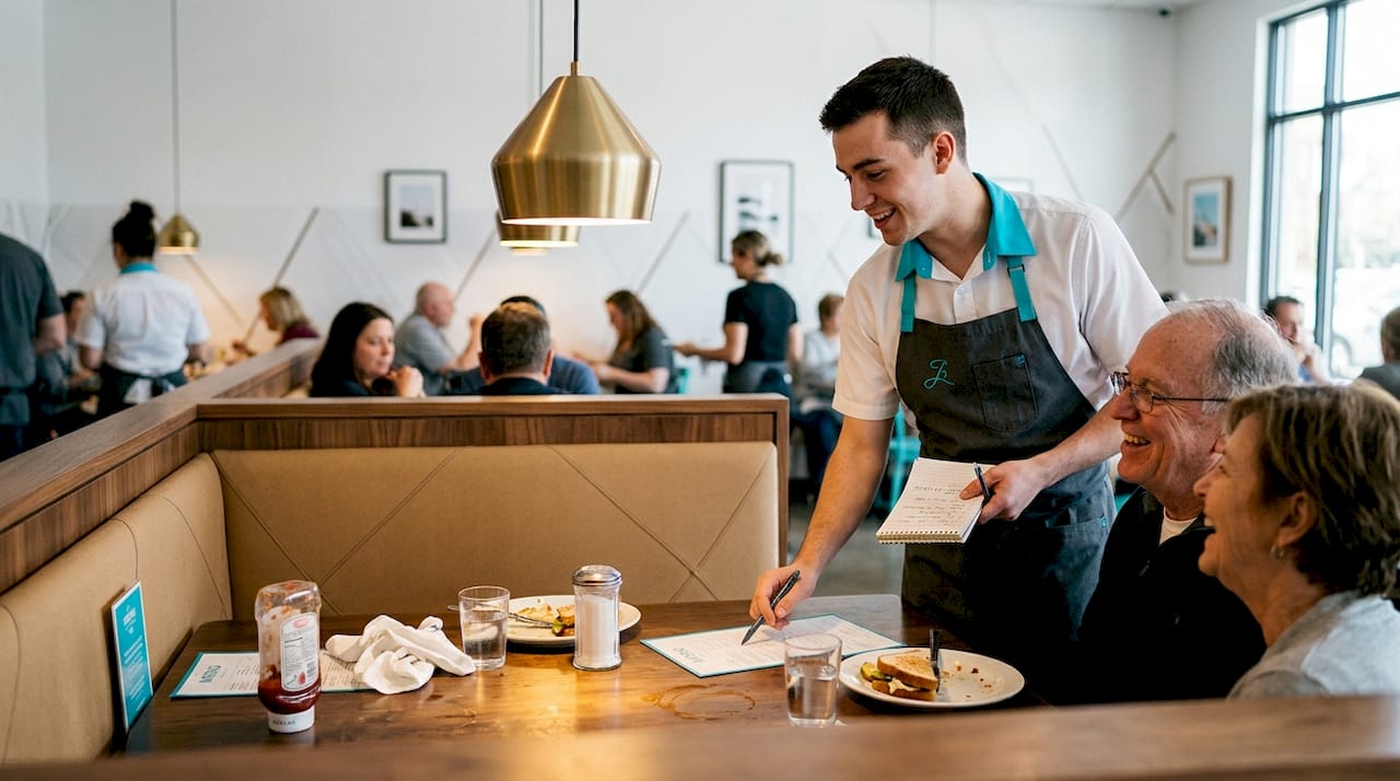 Staff member engaging regulars at restaurant booth