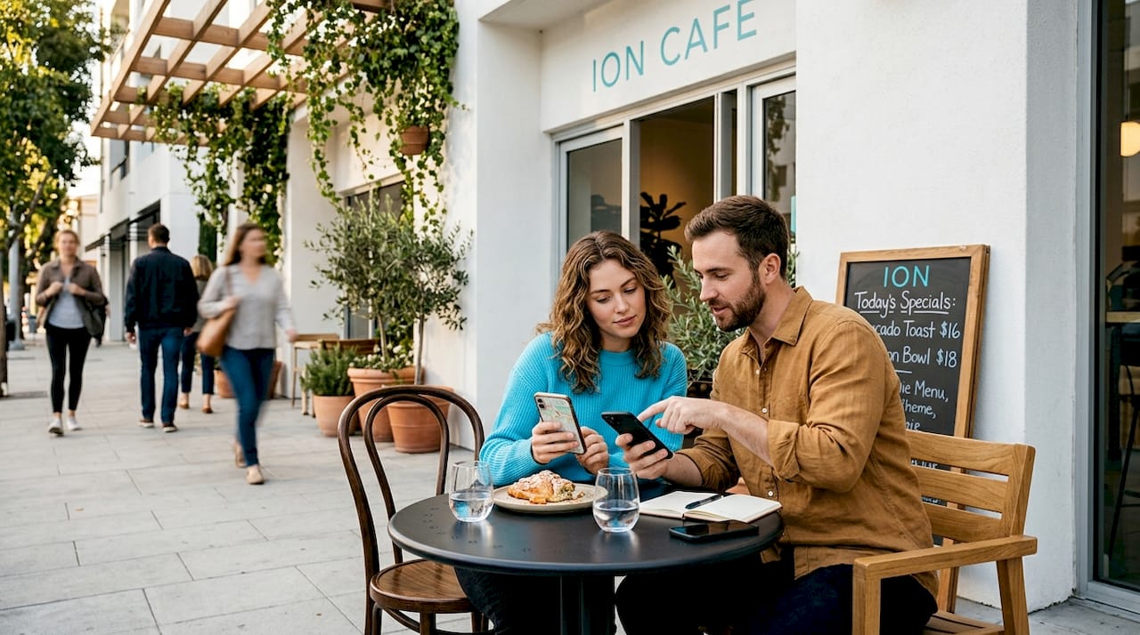Couple explores restaurant options outdoors
