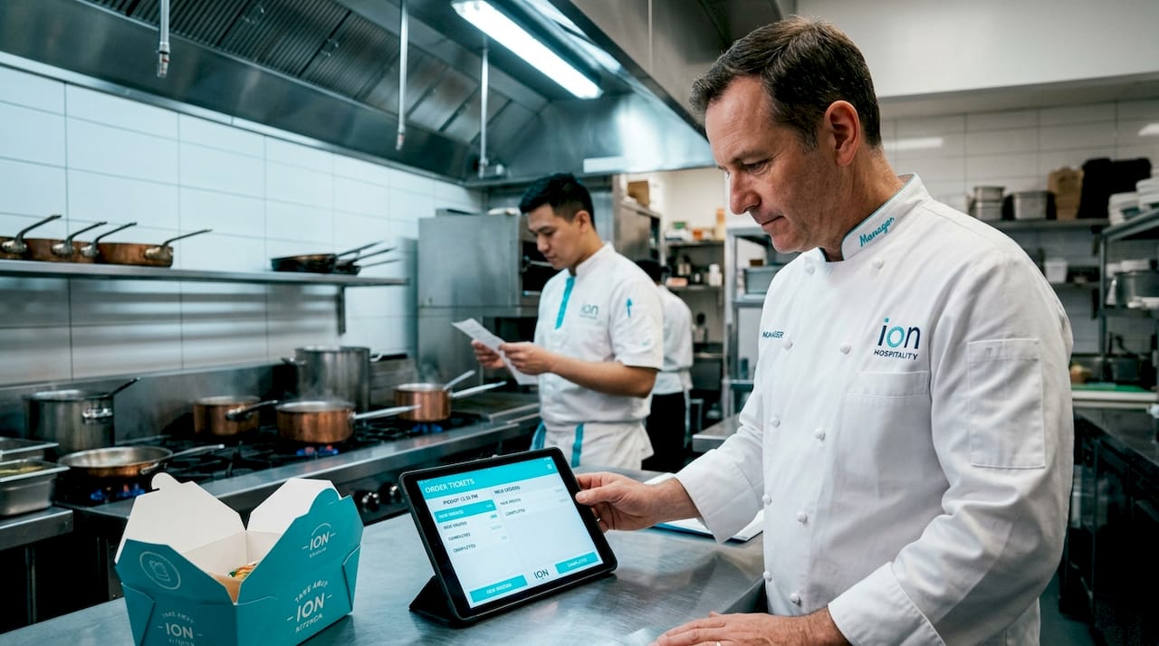 Manager checking mobile orders in kitchen