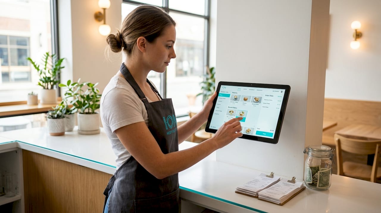 Server updates digital menu board in restaurant