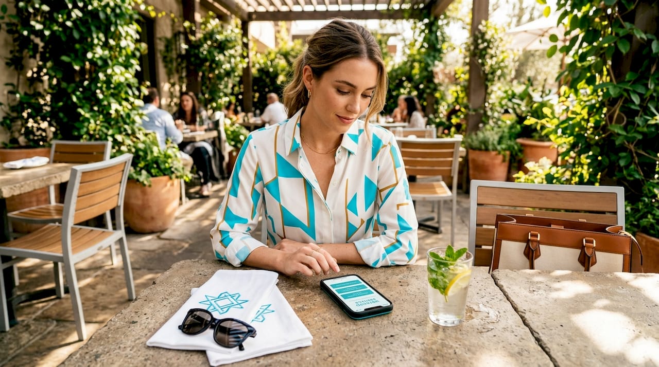 Diner views mobile landing page in restaurant