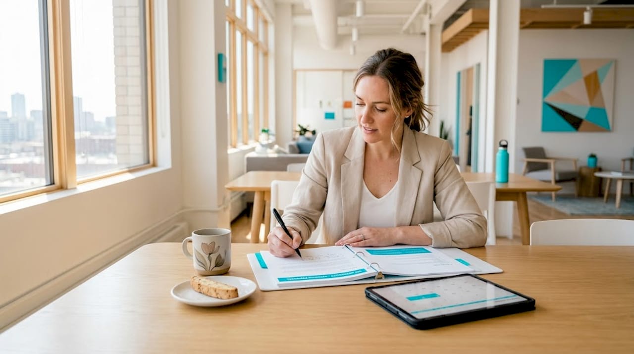 Client reviewing catering proposal at café table