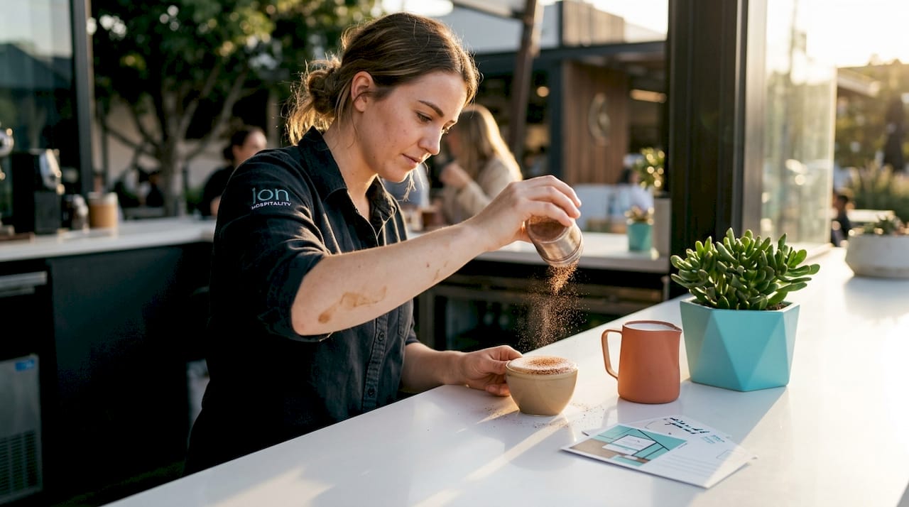 Barista preparing cappuccino with side window light