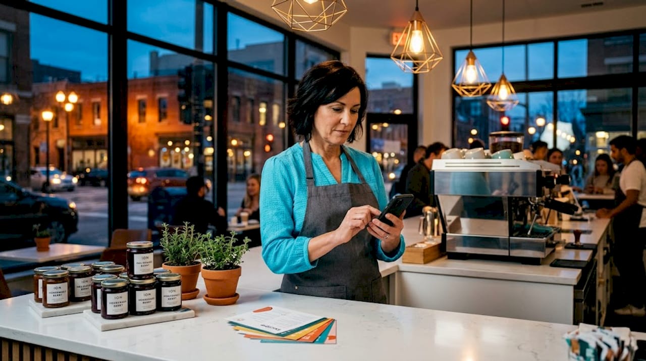 Restaurant owner publishing campaign from kitchen counter