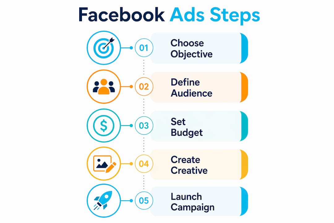 Step-by-step infographic illustrating Facebook ad campaign setup for restaurants