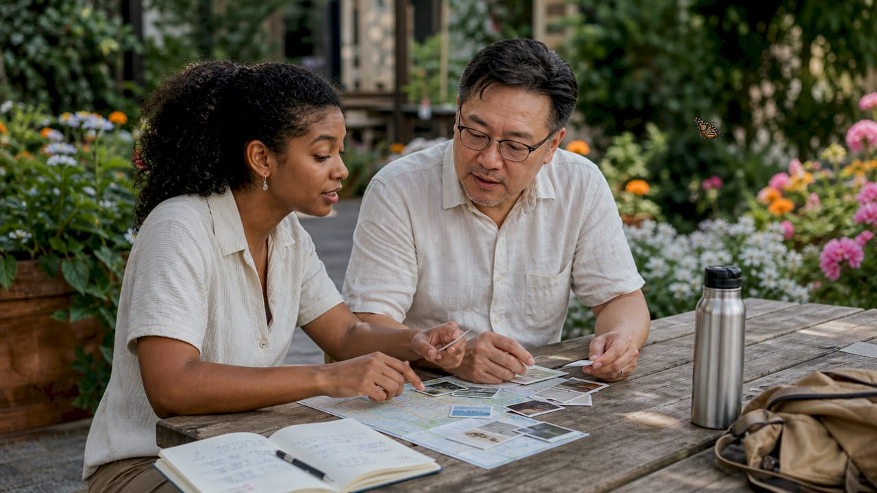 Hands holding business cards and local map outdoors