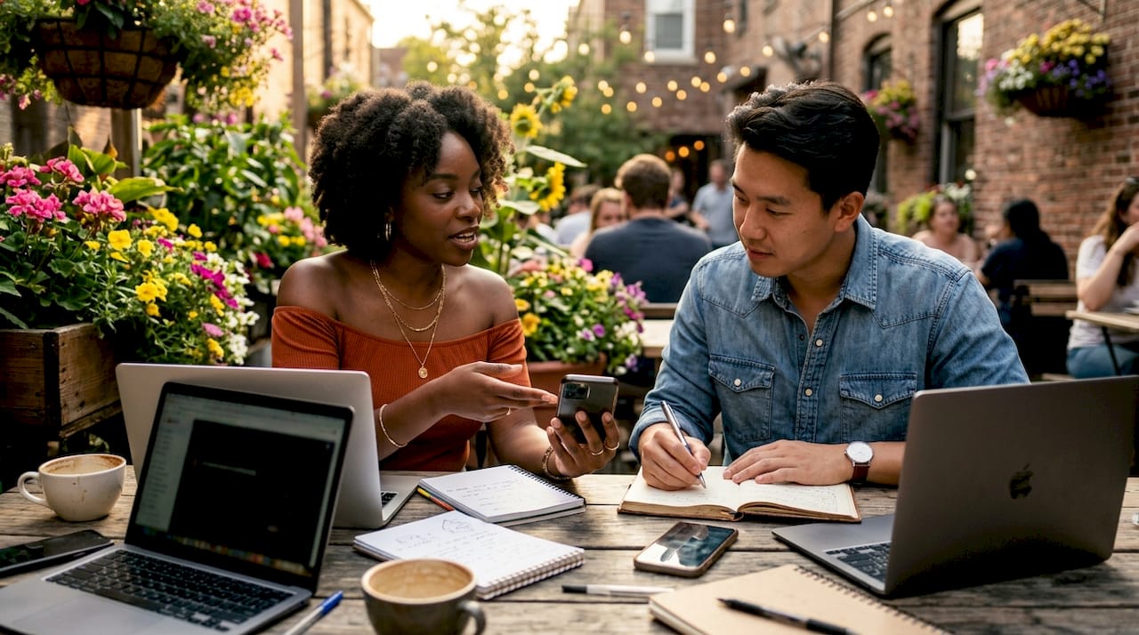 Micro-influencers planning campaign in café