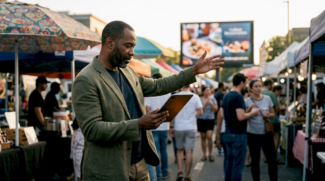 Marketing manager reviewing digital ads outdoors