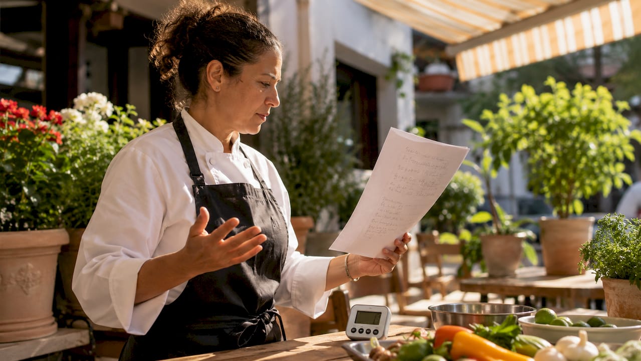 Chef calculating offer pricing in kitchen