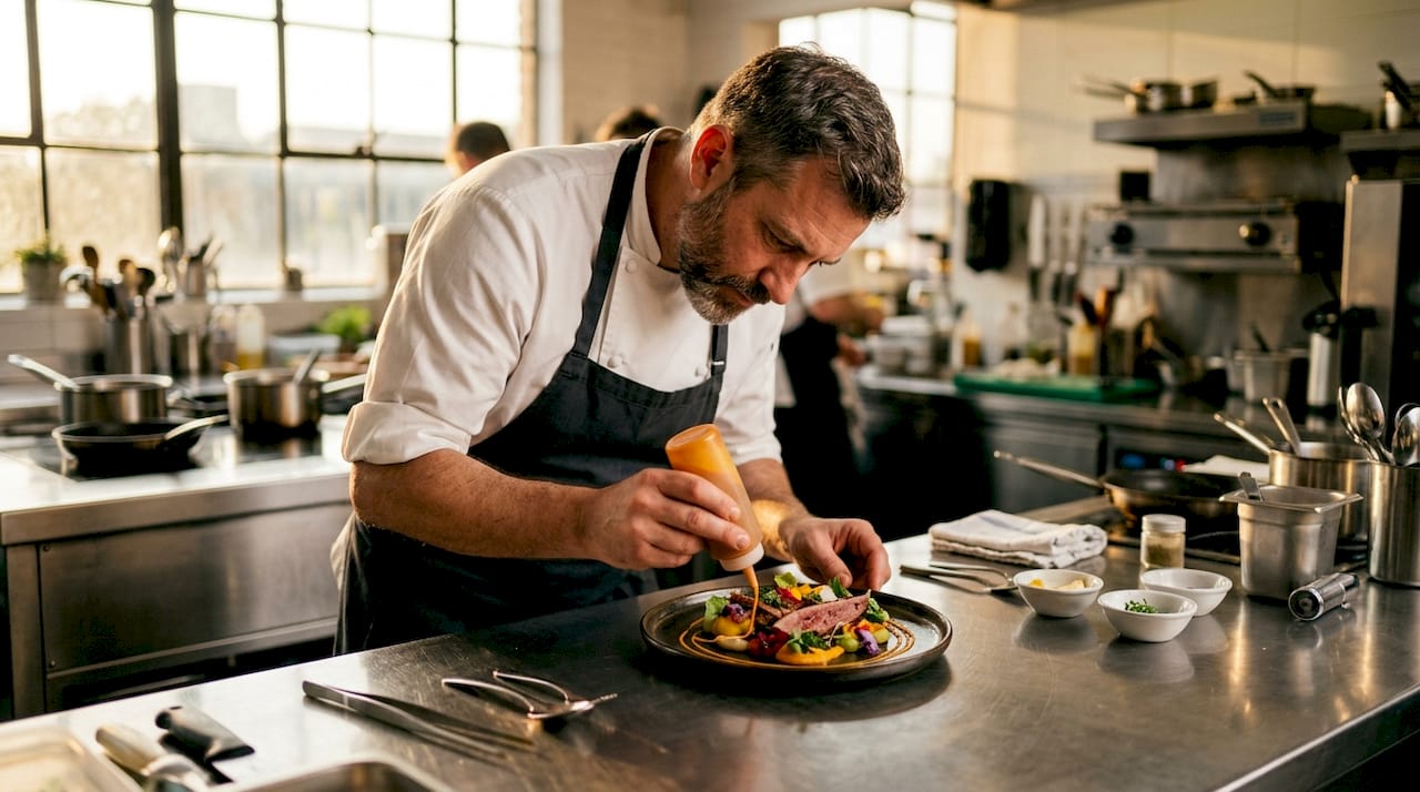 Chef plating gourmet dish in kitchen