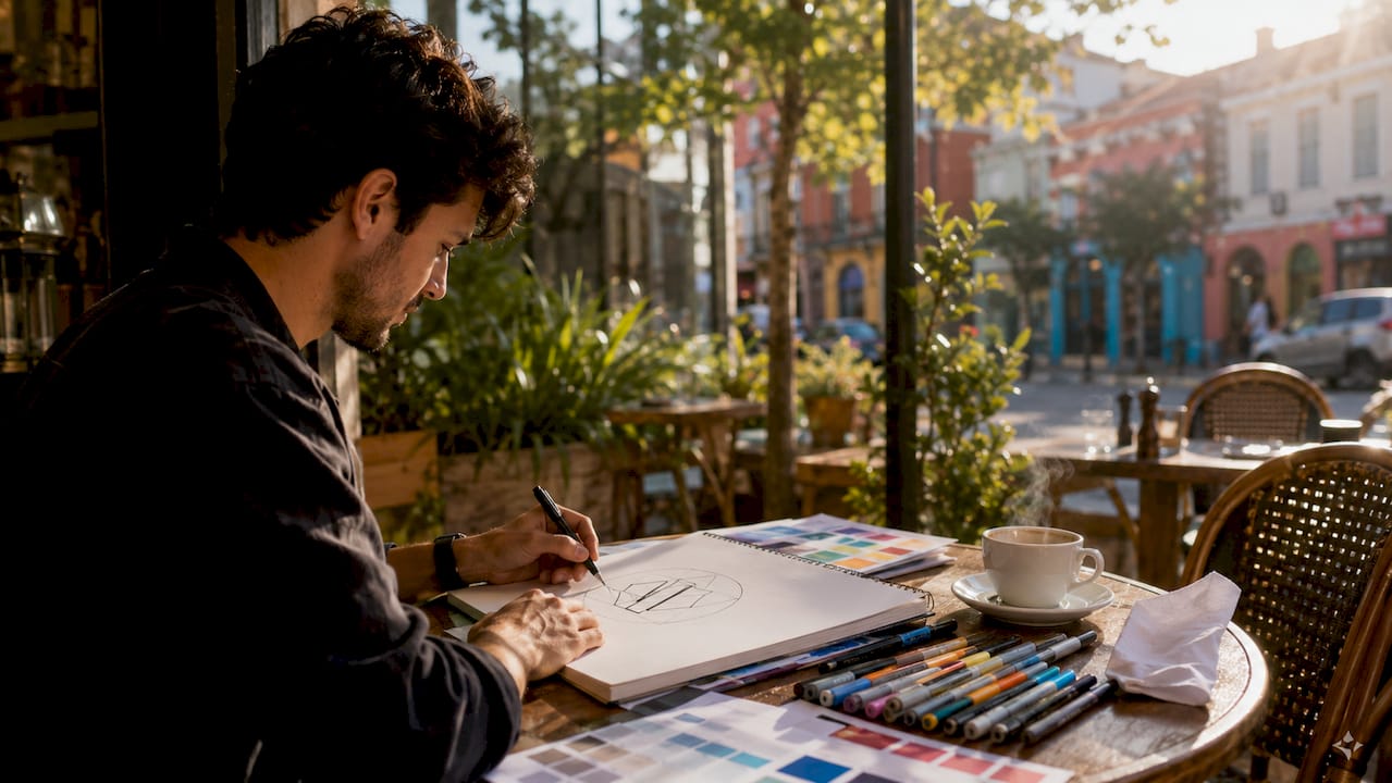 Designer sketching restaurant brand identity logo
