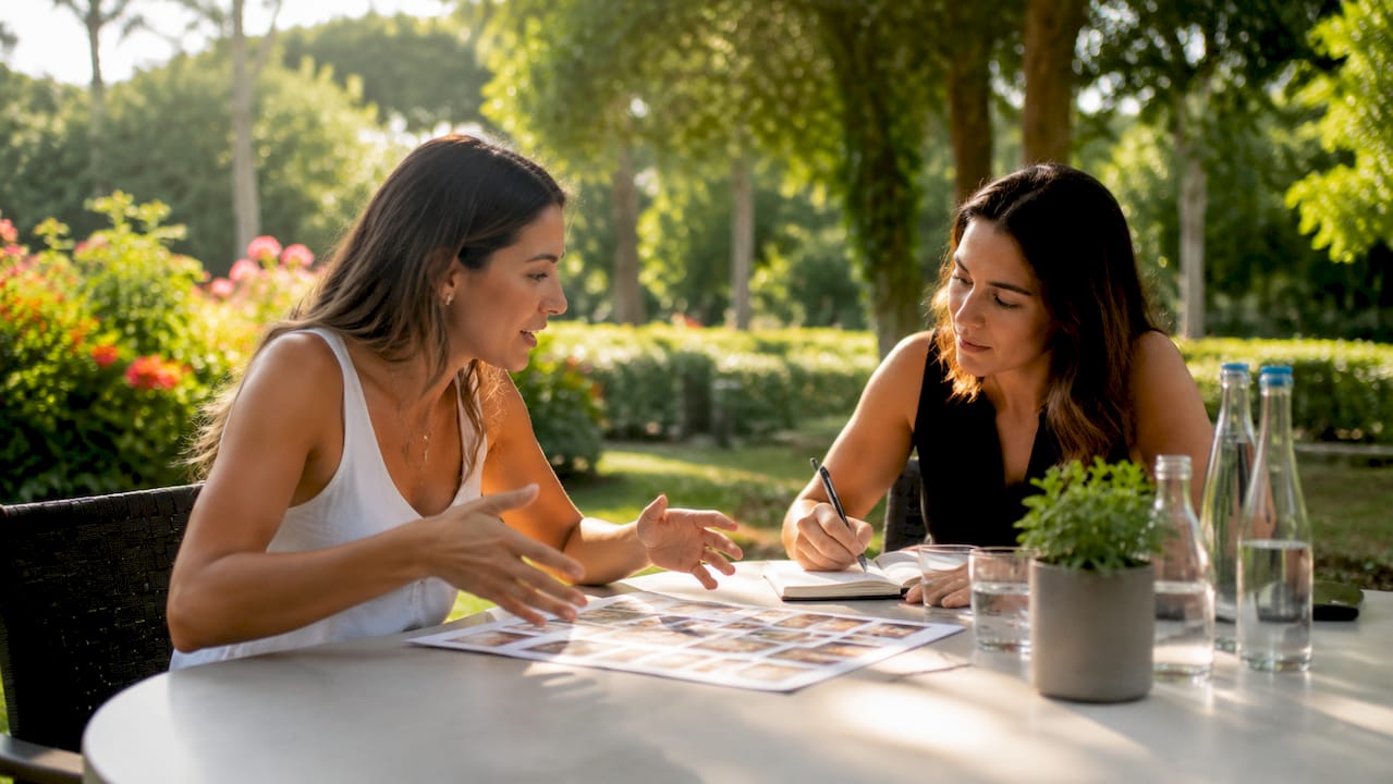Two women discussing catering packages in café
