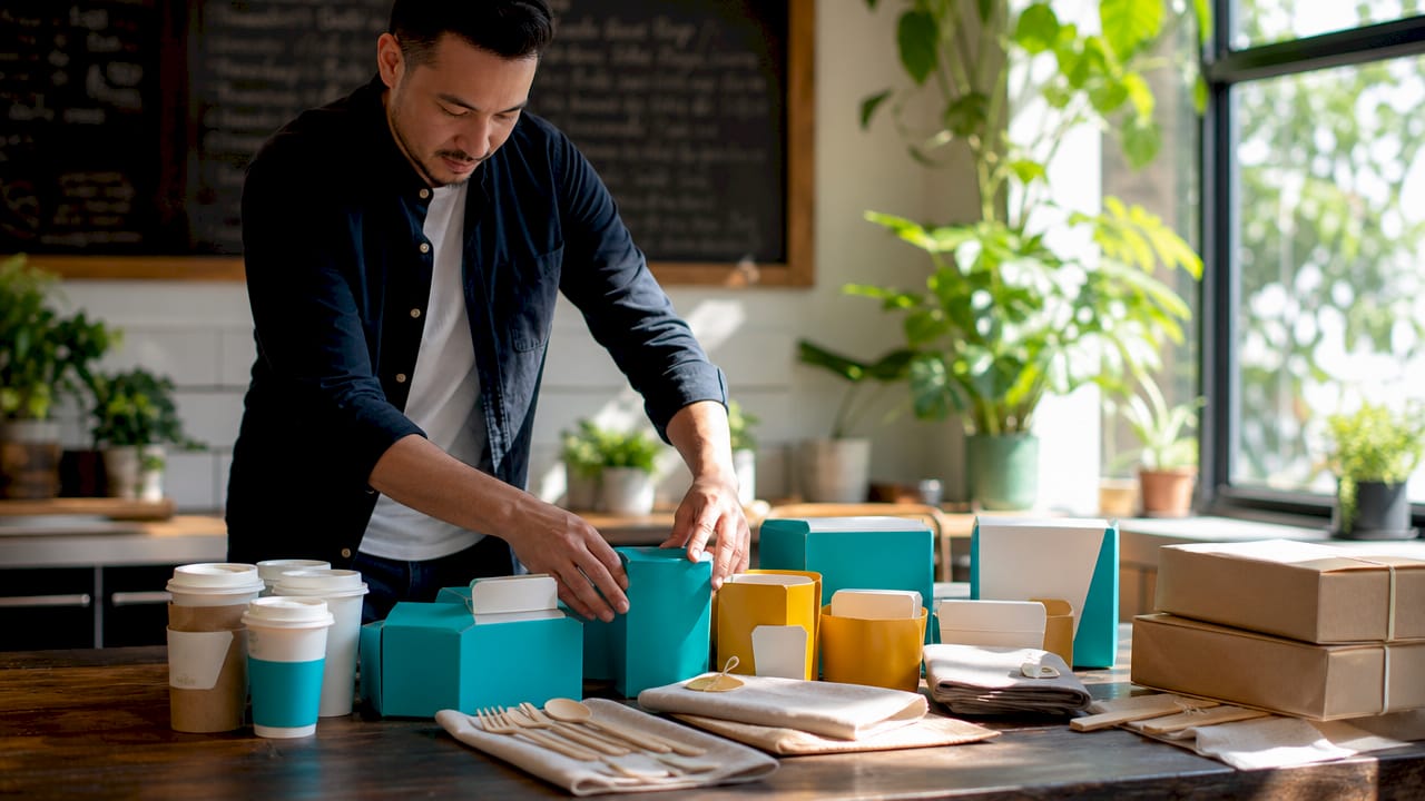 Hands arranging branded takeout packaging items