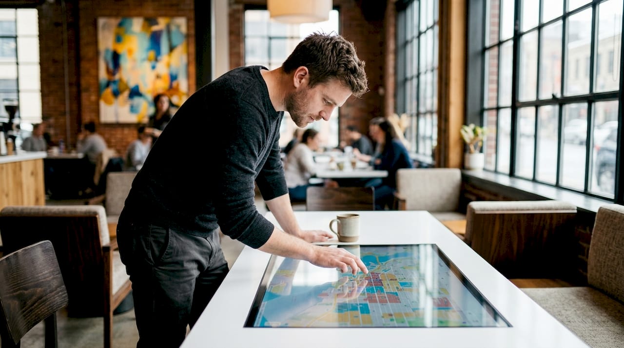 Hands interacting with geo-targeting map on touchscreen