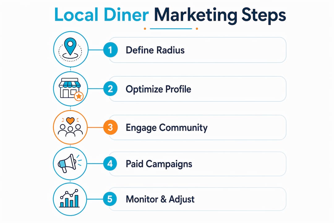 Infographic showing five key local diner marketing steps