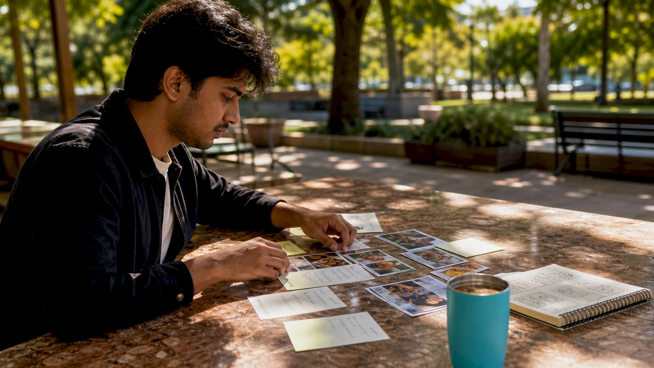 Hands arranging marketing photos and notes on table