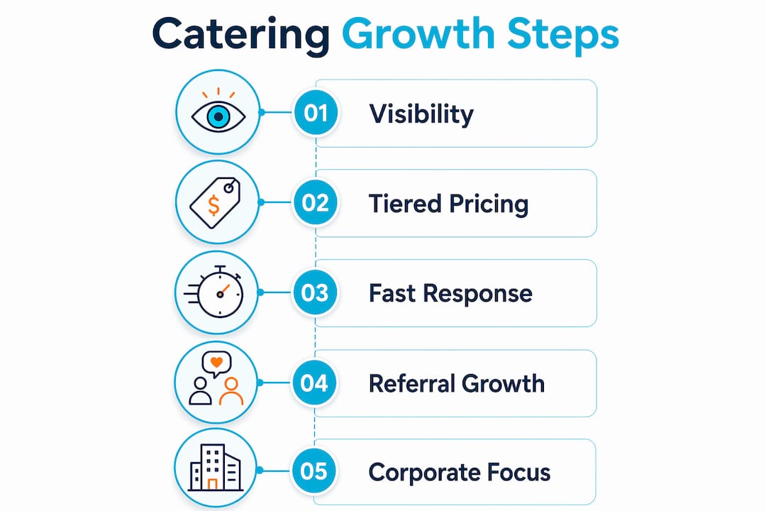 Infographic showing steps to grow catering orders
