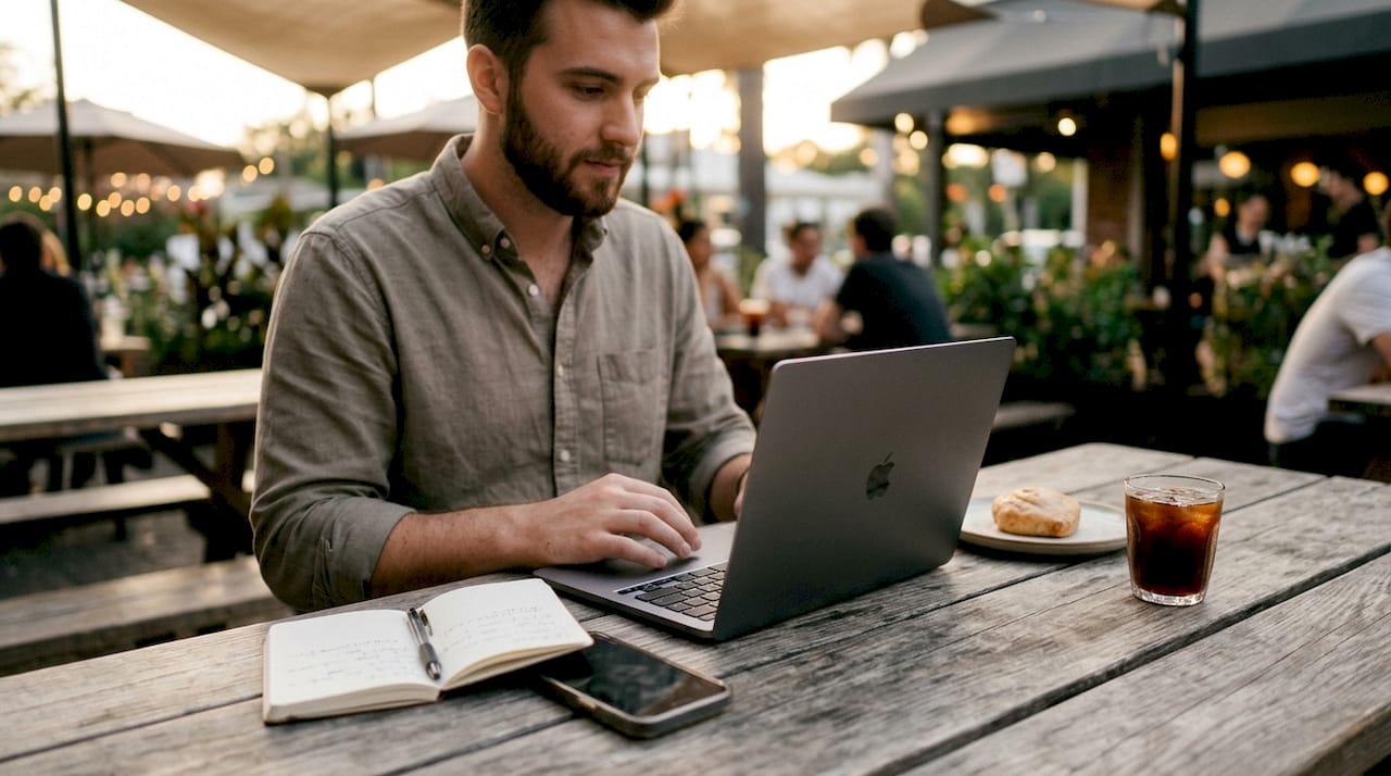 Man engaged with digital community tools in café