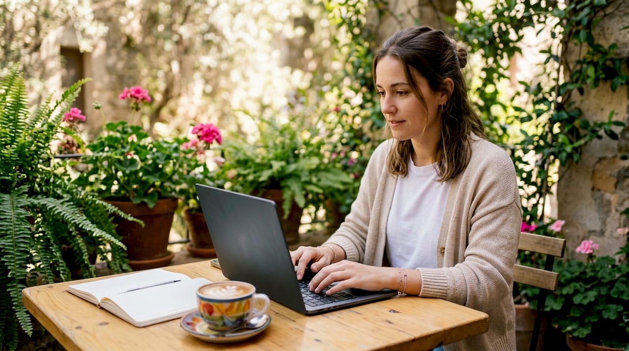 Hands typing follow-up messages on laptop