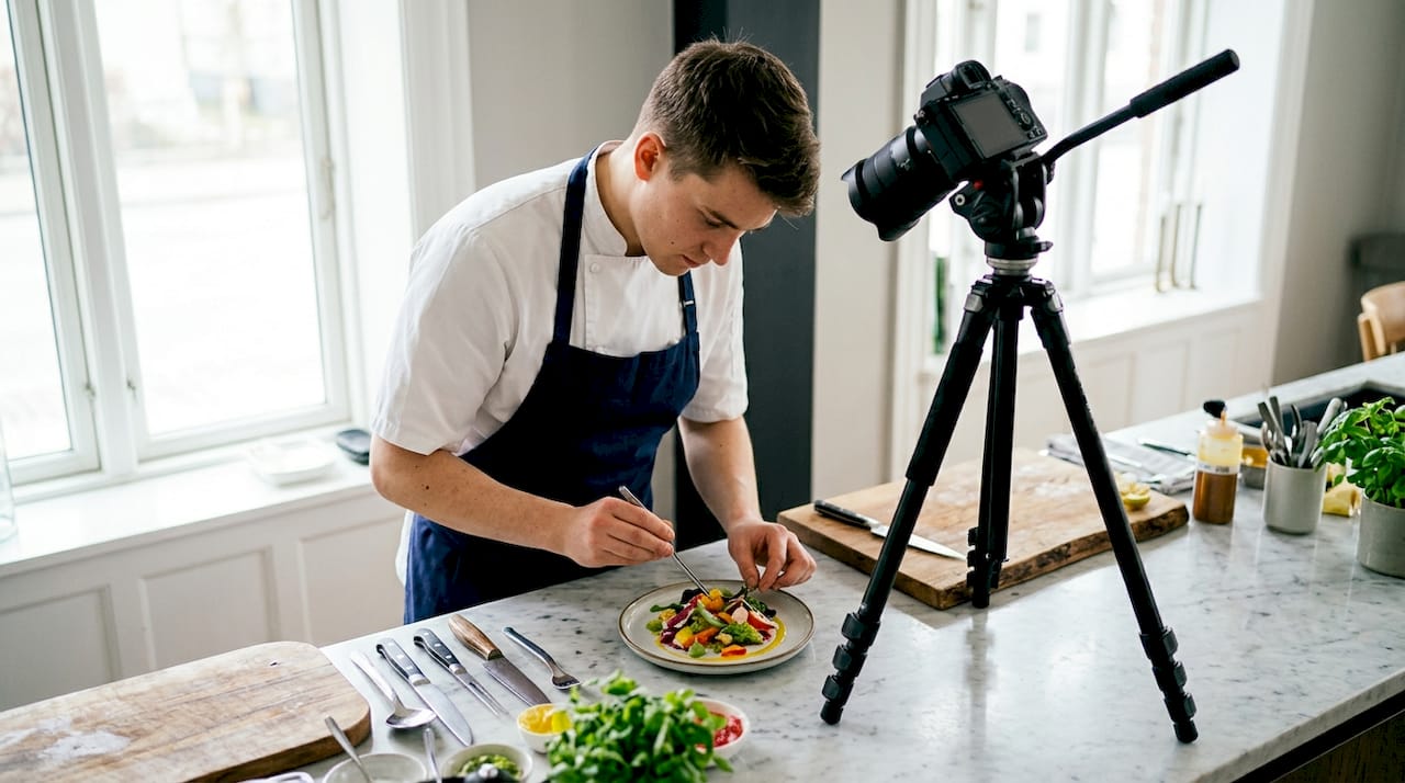 Chef plating dish being filmed for promotional video