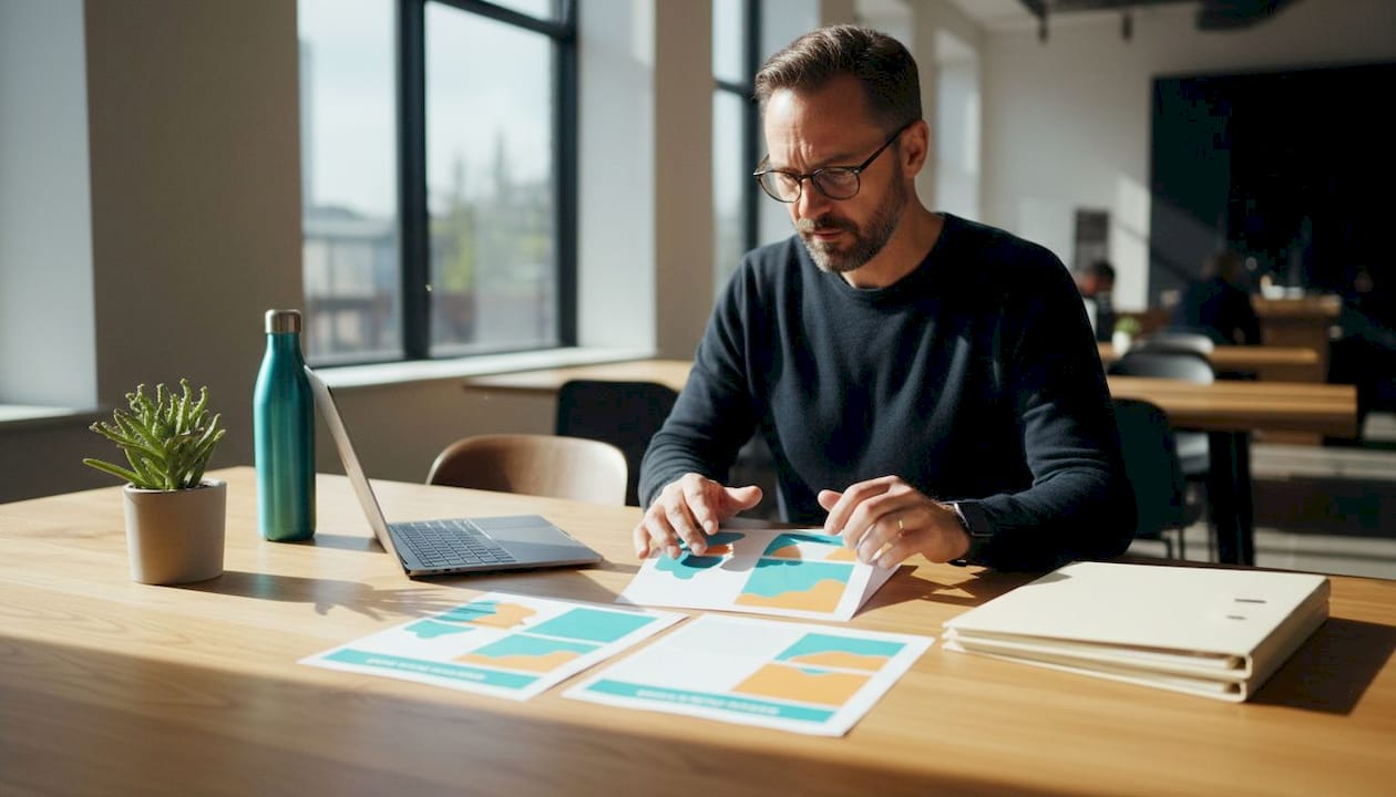 Man reviewing social media profile blueprint at desk