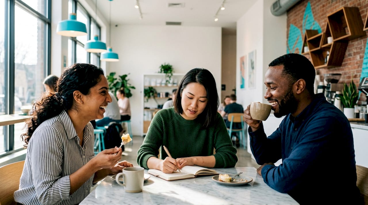 Group submitting restaurant review on tablet at dinner table