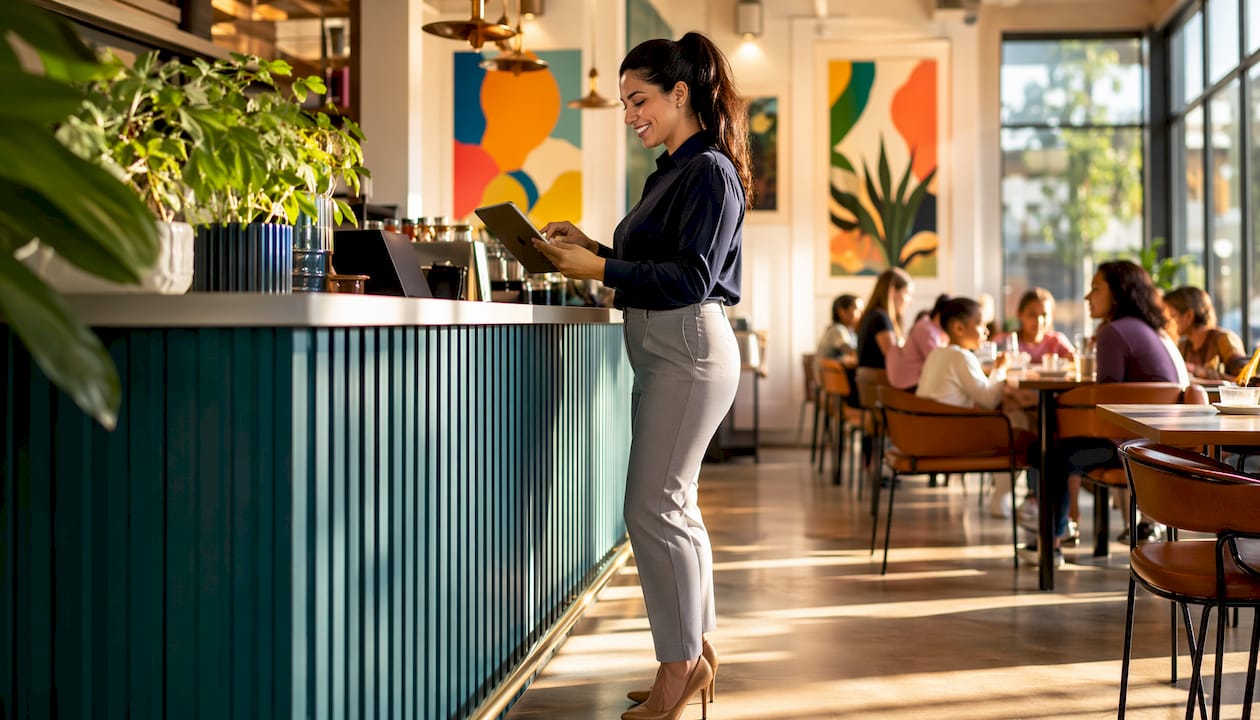 Restaurant owner checking customer demographics on tablet