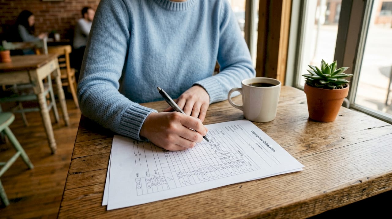 Hands calculating catering menu pricing on desk