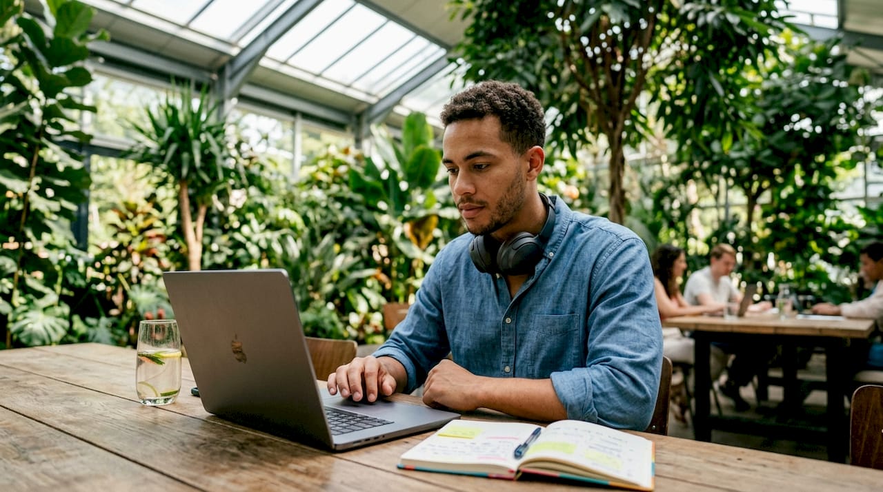 Man working on digital catering menu in office