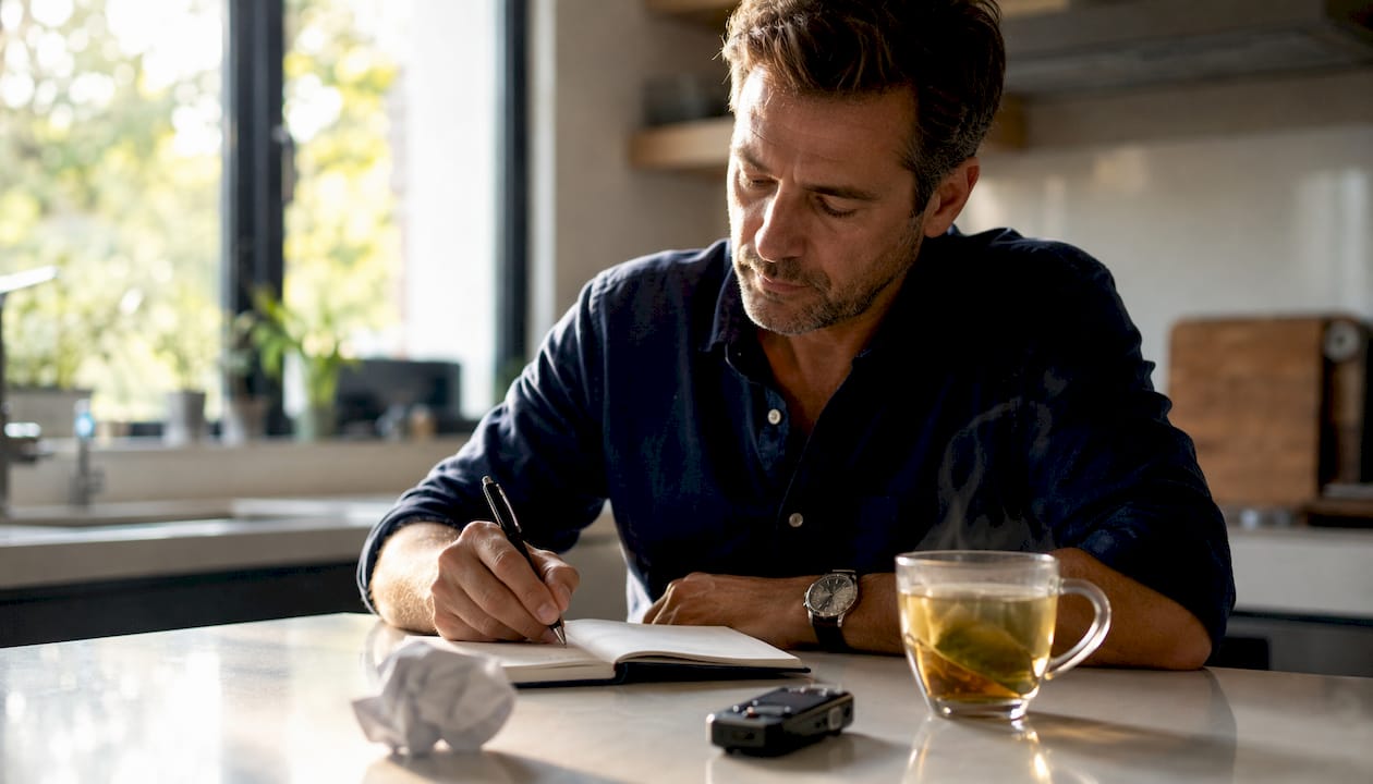 Man writing radio ad script at café