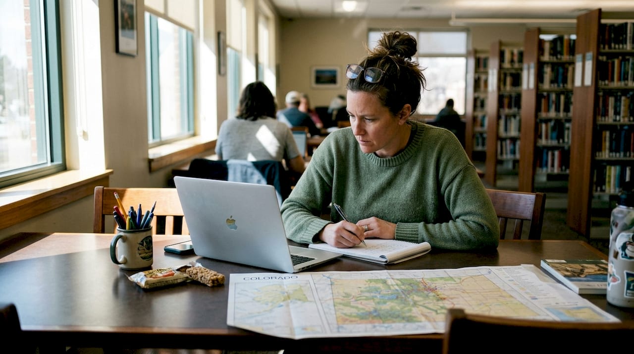Geologist reviewing GIS data in library