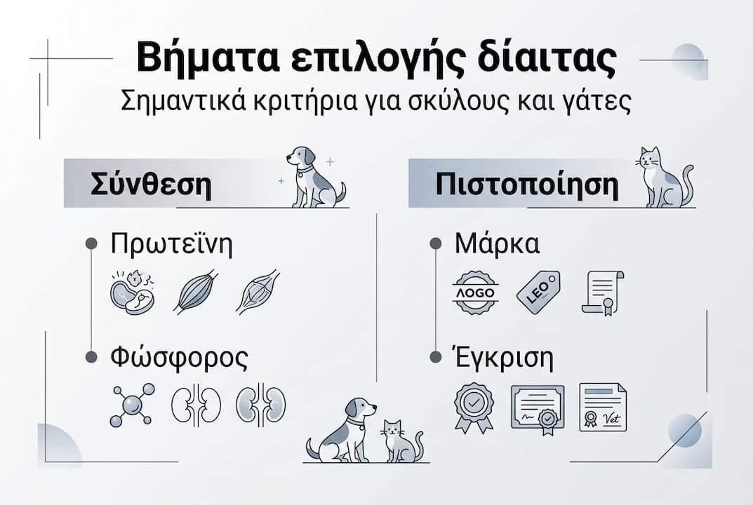 Εικονογραφημένος οδηγός με τα βασικά βήματα για την επιλογή σωστής διατροφής για το κατοικίδιό σας