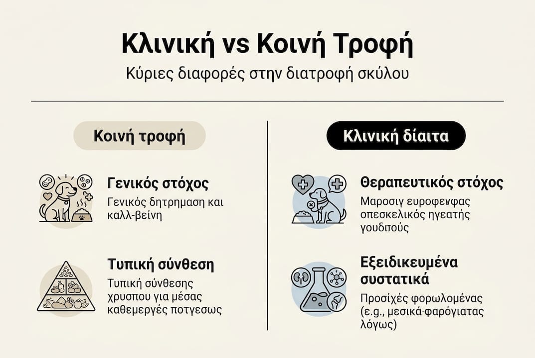 Εικονογραφημένη παρουσίαση: Σύγκριση μεταξύ ειδικών κλινικών και καθημερινών διατροφών για σκύλους