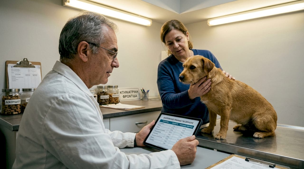 Ο κτηνίατρος εξετάζει τη διατροφή του σκύλου, εστιάζοντας στις ειδικές διατροφικές του ανάγκες.
