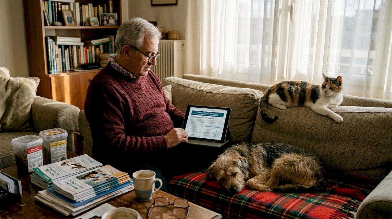 Ένας άνδρας μελετάει στο σπίτι του τη διατροφή των κατοικίδιων ζώων από επιστημονική σκοπιά.