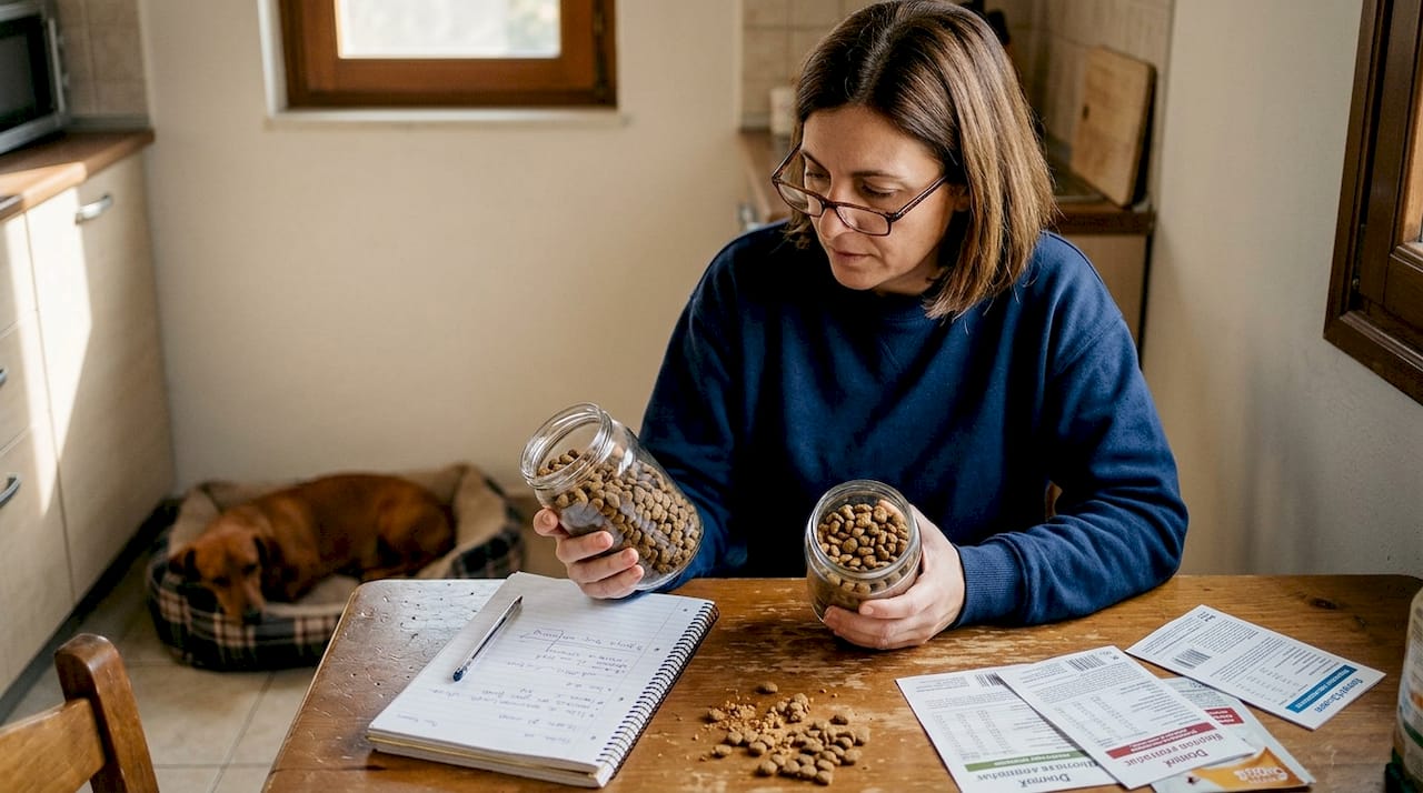 Κτηνίατρος εξετάζει τη διατροφική αξία της τροφής του σκύλου, εστιάζοντας ειδικά στην περιεκτικότητα πρωτεΐνης.