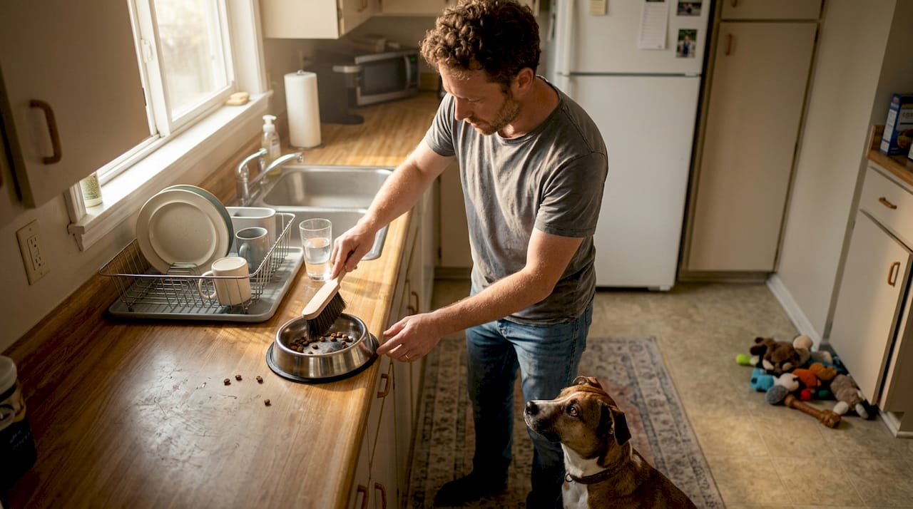 Ο ιδιοκτήτης προσφέρει φαγητό στο σκύλο του, ο οποίος κάθεται προσεκτικά στην κουζίνα και περιμένει υπομονετικά το γεύμα του.
