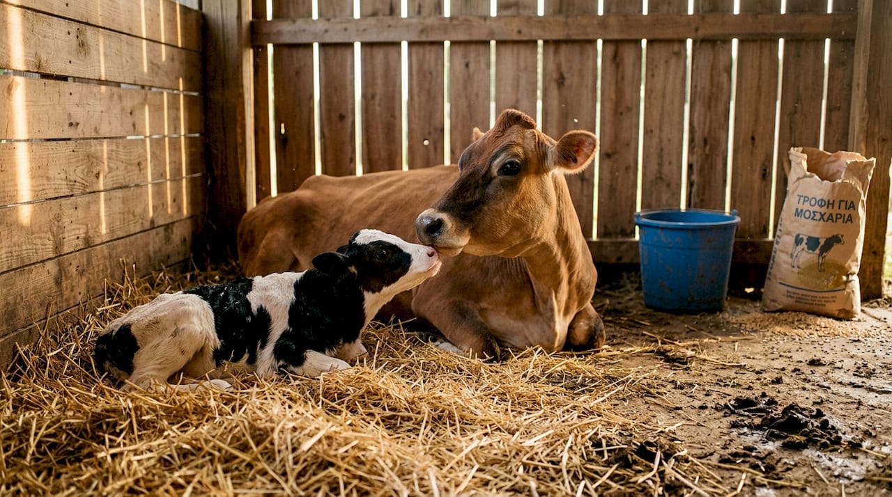 Ένα νεογέννητο μοσχαράκι δίπλα στη μητέρα του, μέσα σε μια παραδοσιακή αγροτική στάνη.