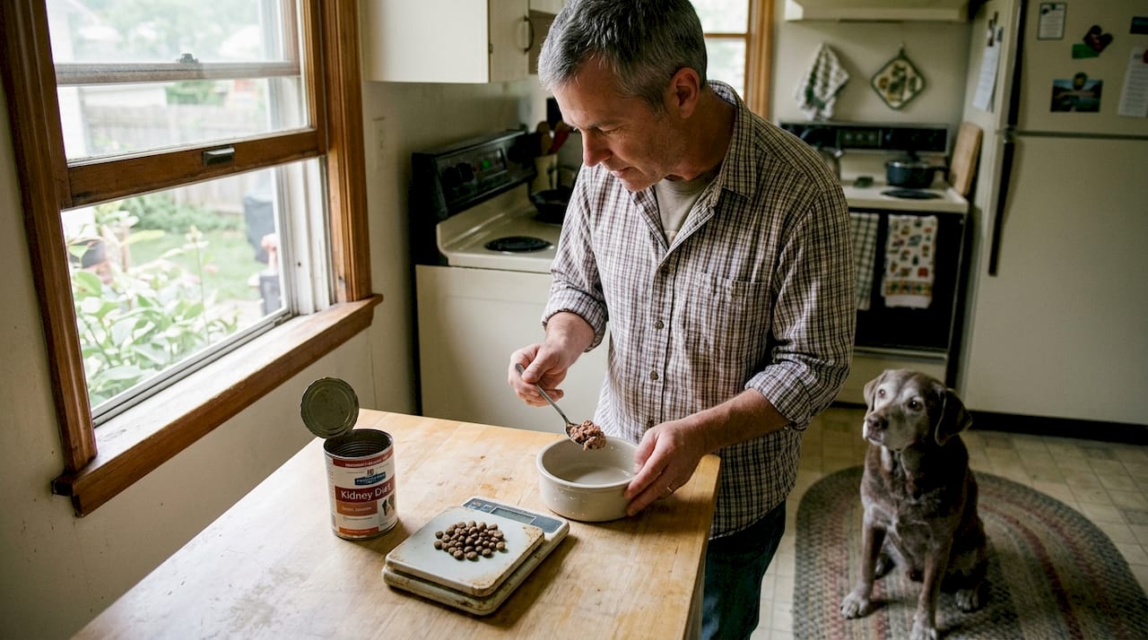 Ιδιοκτήτης σκύλου ετοιμάζει σπιτικό φαγητό κατάλληλο για νεφρική προστασία του κατοικίδιού του.