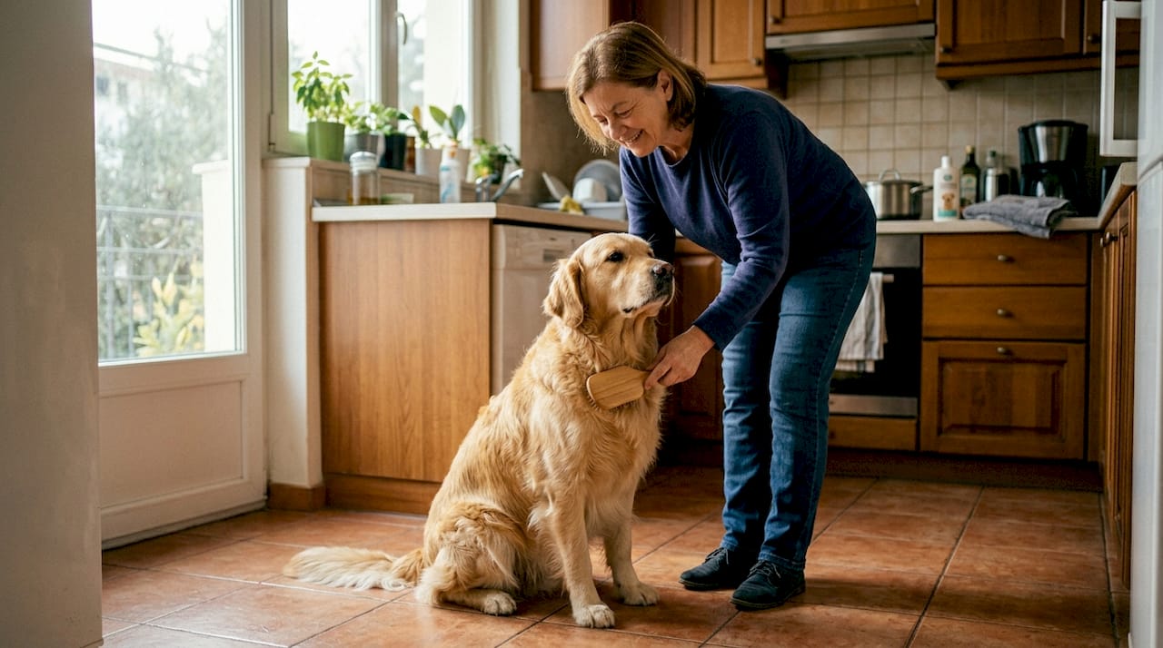 Ο ιδιοκτήτης φροντίζει το σκυλάκι του, χτενίζοντάς το στην κουζίνα.