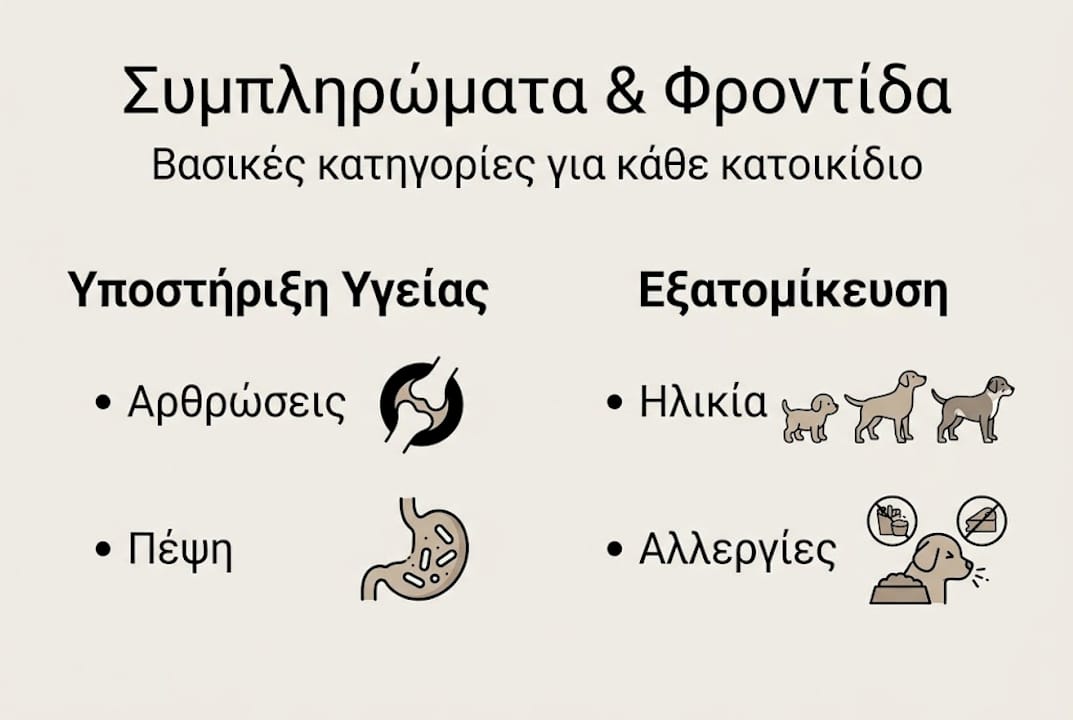 Ενημερωτικό γράφημα για τις κατηγορίες συμπληρωμάτων και φροντίδας κατοικιδίων