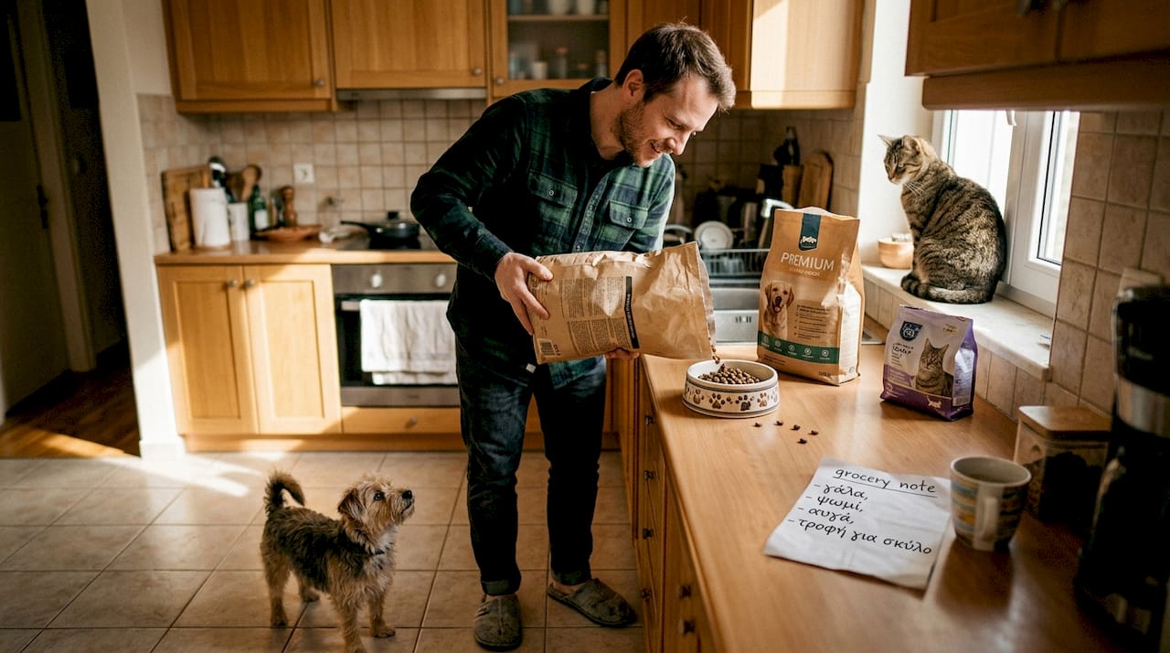 Άνδρας ετοιμάζει σπιτικό, εκλεκτό φαγητό για το κατοικίδιό του στην κουζίνα.