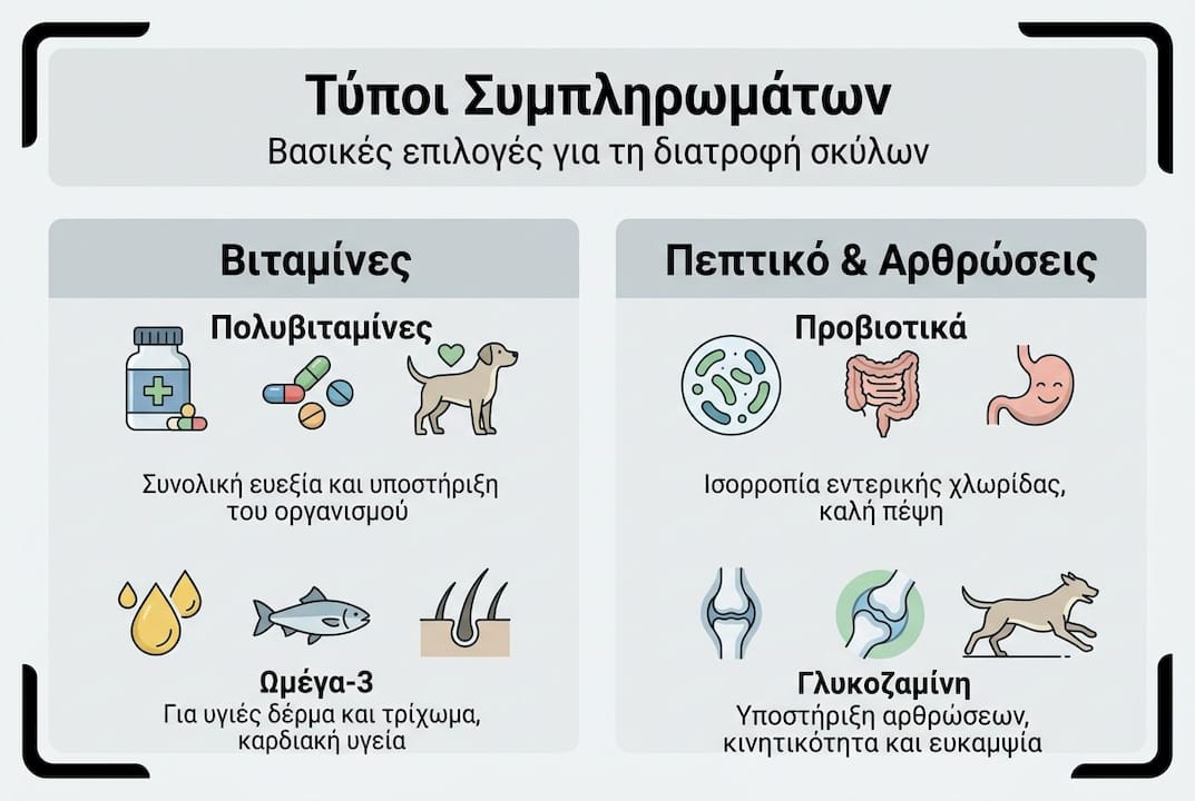 Εικονογραφημένος οδηγός με τους βασικότερους τύπους συμπληρωμάτων διατροφής για σκύλους