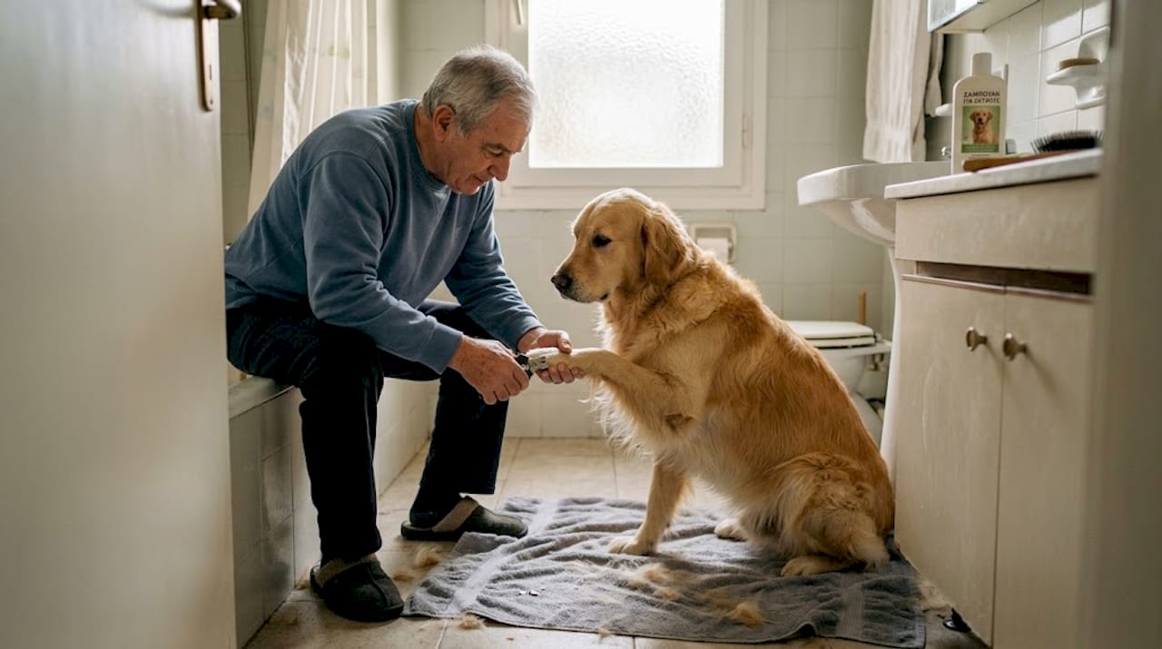 Ο ιδιοκτήτης φροντίζει τα νύχια του σκύλου του στο μπάνιο.