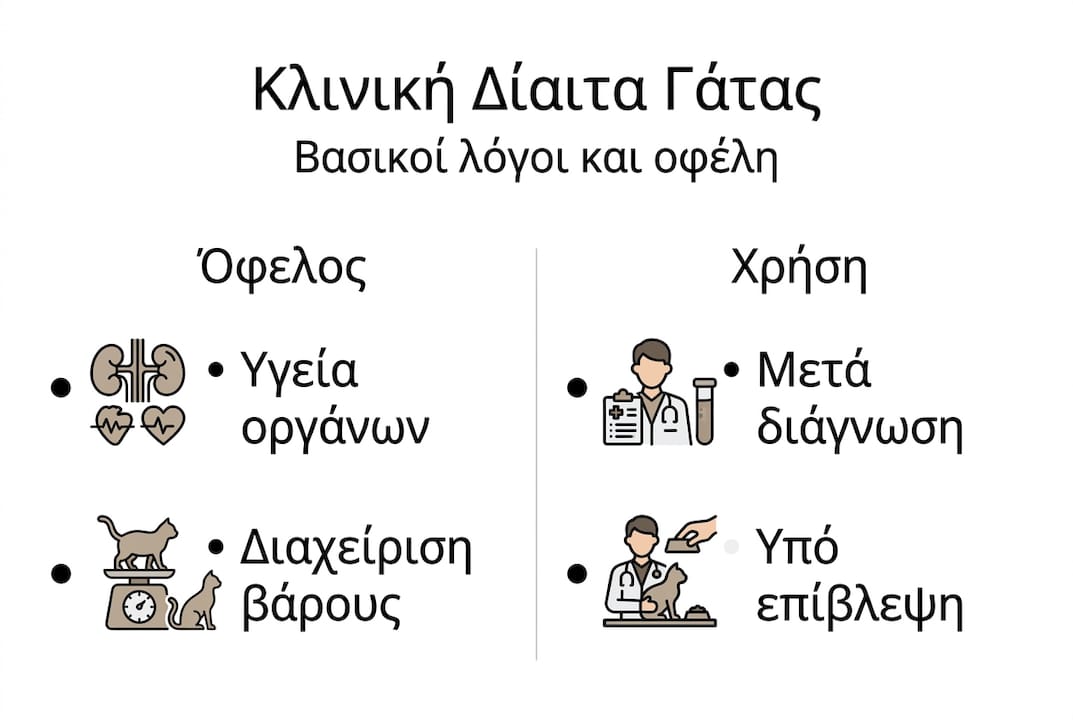 Ενημερωτικό γράφημα με τα οφέλη και τις βασικές χρήσεις της κλινικής διατροφής για γάτες