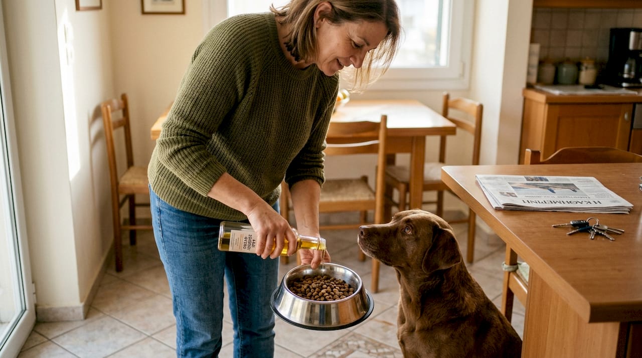 Ο ιδιοκτήτης ρίχνει λάδι σολομού πάνω στις κροκέτες του σκύλου του για να τις κάνει πιο θρεπτικές.