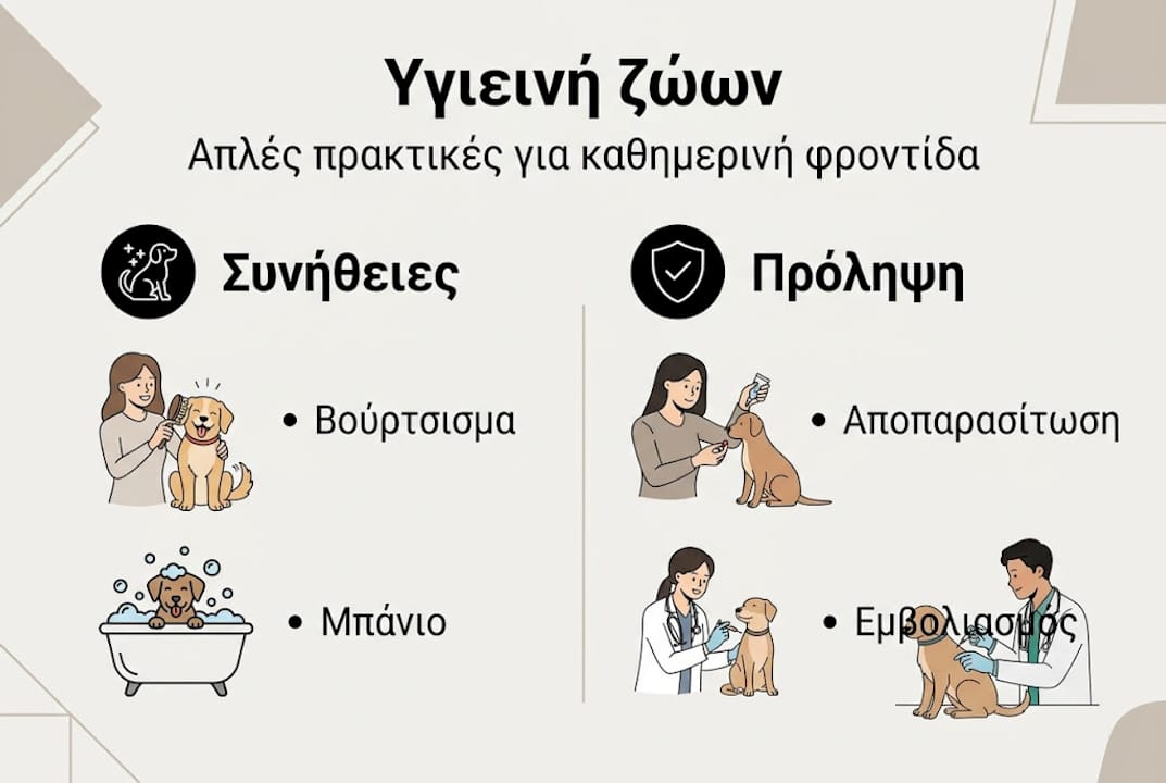 Εικονογραφημένος οδηγός με σημαντικές πρακτικές φροντίδας και καθαριότητας για τα κατοικίδια