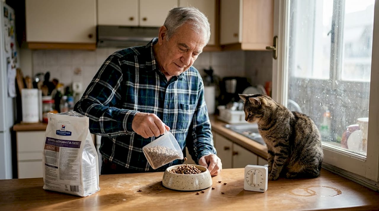 Ένας άνδρας ζυγίζει την τροφή της γάτας πάνω στον πάγκο της κουζίνας.
